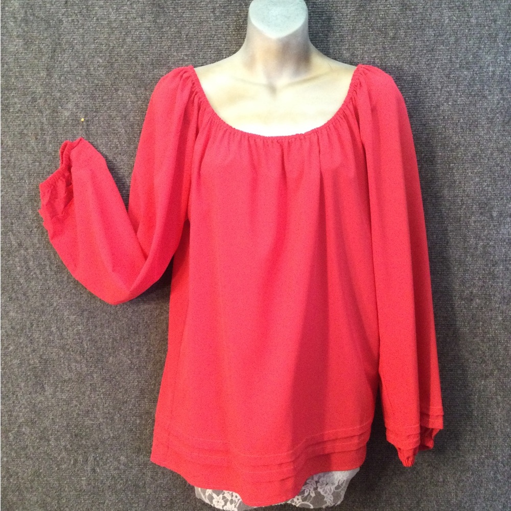 SINGLE bright watermelon red BLOUSE. Generous size Large. Long sleeve, elastic